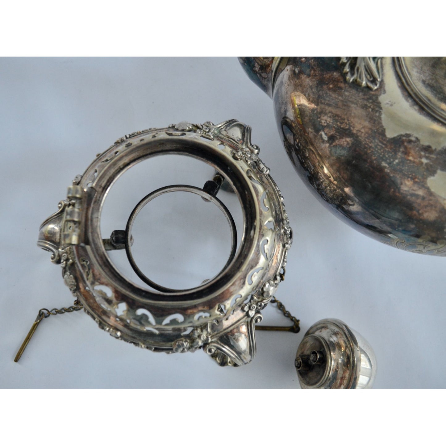 Antique Silver Tilting Tea Kettle with Warmer and Stand