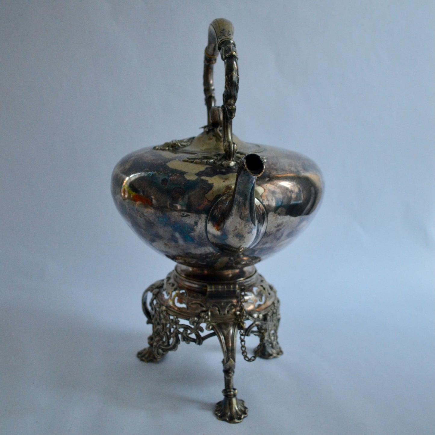 Antique Silver Tilting Tea Kettle with Warmer and Stand