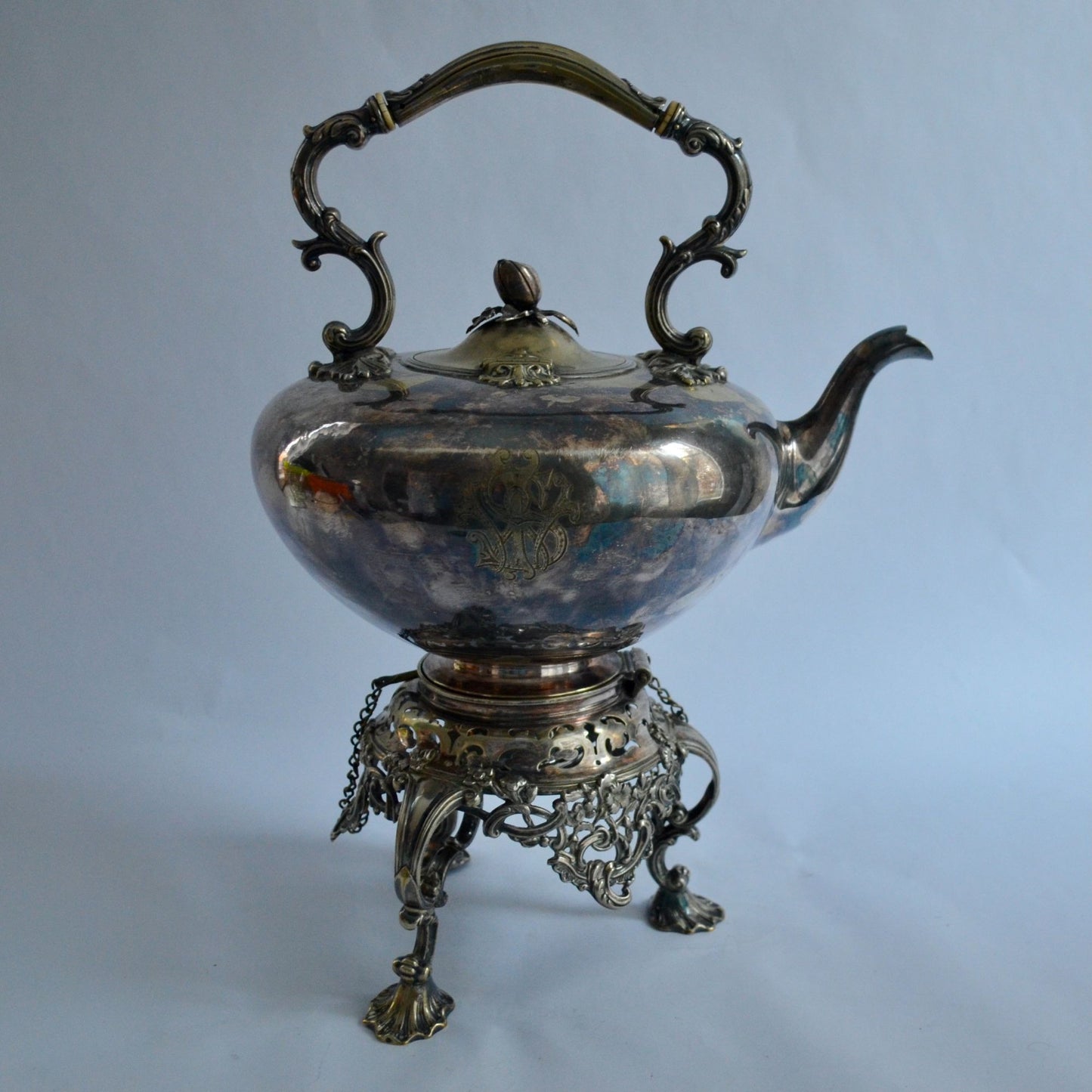 Antique Silver Tilting Tea Kettle with Warmer and Stand