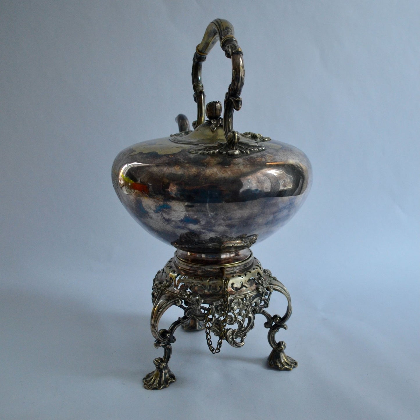 Antique Silver Tilting Tea Kettle with Warmer and Stand