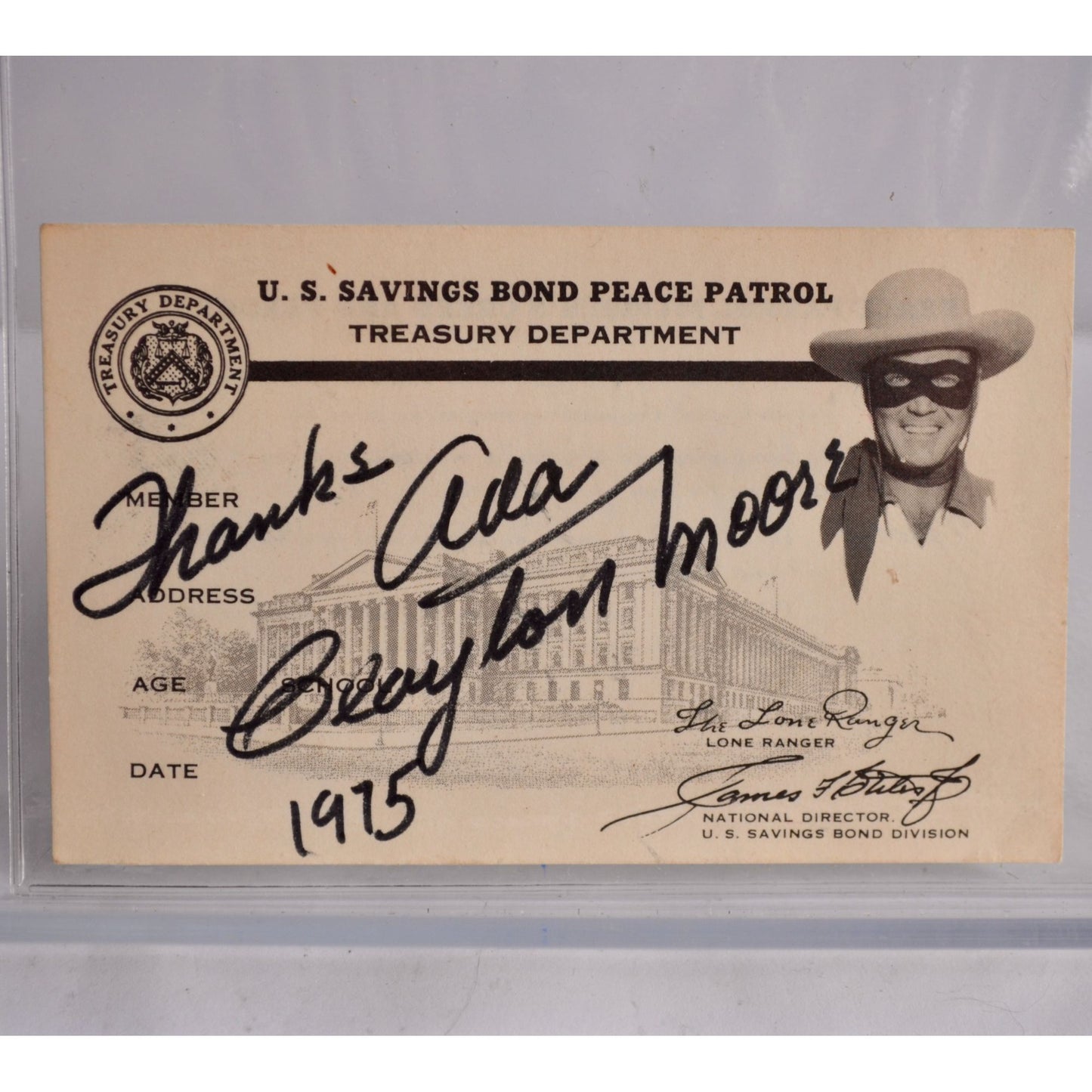Clayton Moore The Lone Ranger 1975 Autograph Savings Bond Peace Patrol Card