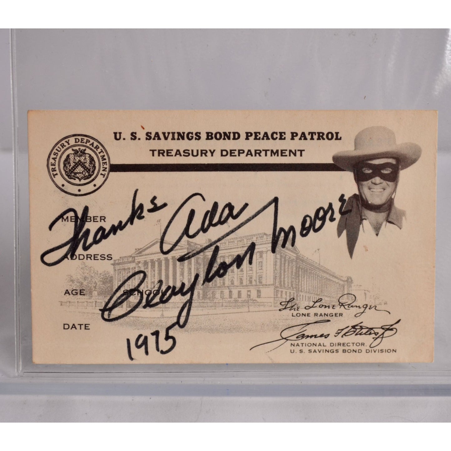 Clayton Moore The Lone Ranger 1975 Autograph Savings Bond Peace Patrol Card