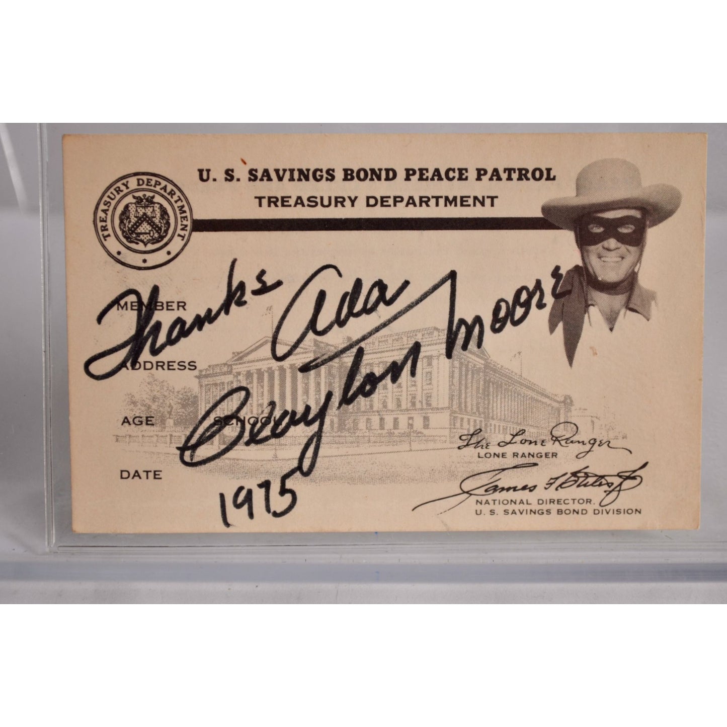 Clayton Moore The Lone Ranger 1975 Autograph Savings Bond Peace Patrol Card
