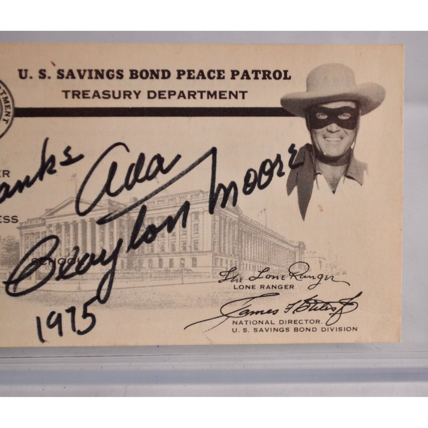 Clayton Moore The Lone Ranger 1975 Autograph Savings Bond Peace Patrol Card