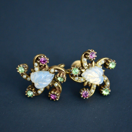 Vintage Colorful Rhinestone Gold Toned Screw Back Earrings