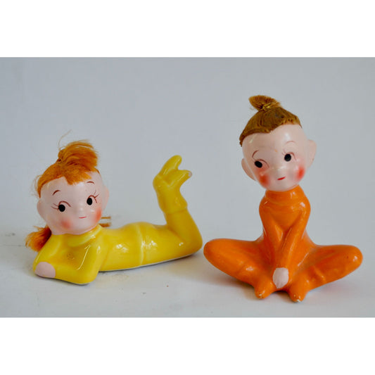 Vintage Pixie Elf Elves Set of 2 Hair Orange Yellow Figurines