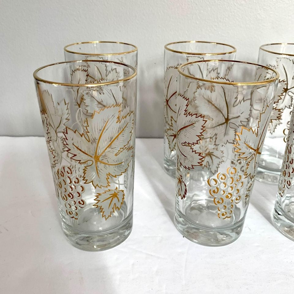 Vintage Mid-Century Gold Grape Leaf Tumblers Glasses