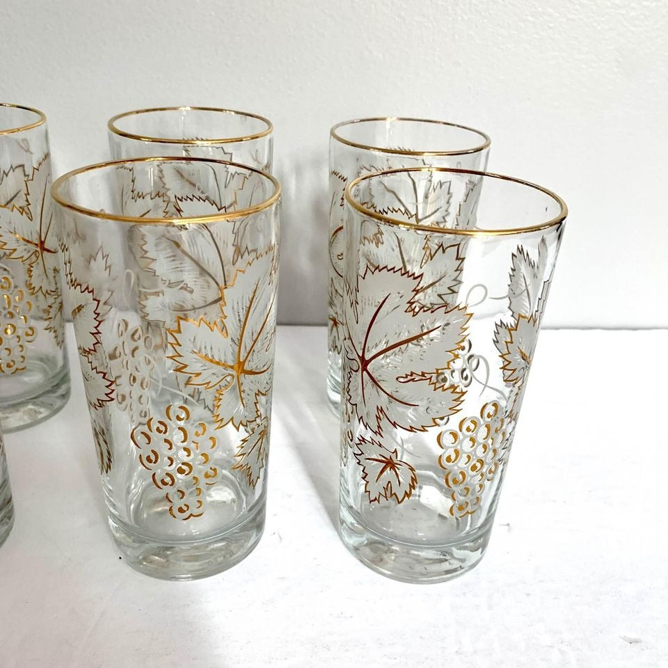 Vintage Mid-Century Gold Grape Leaf Tumblers Glasses
