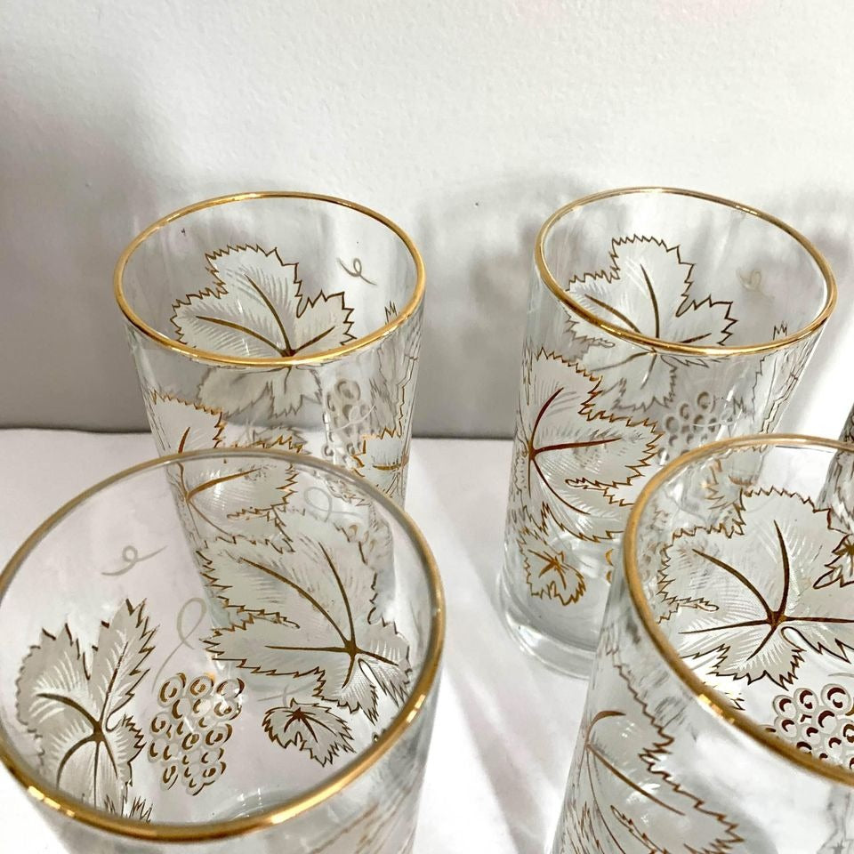 Vintage Mid-Century Gold Grape Leaf Tumblers Glasses