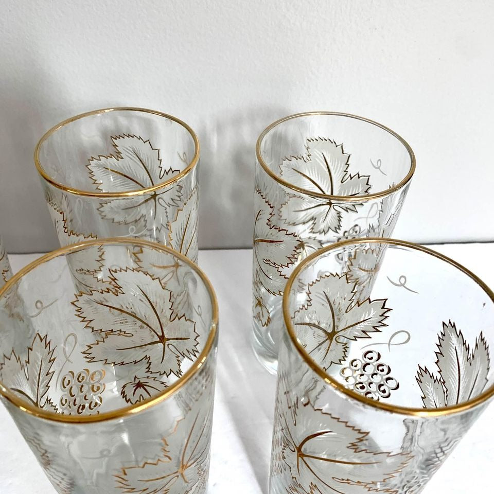 Vintage Mid-Century Gold Grape Leaf Tumblers Glasses