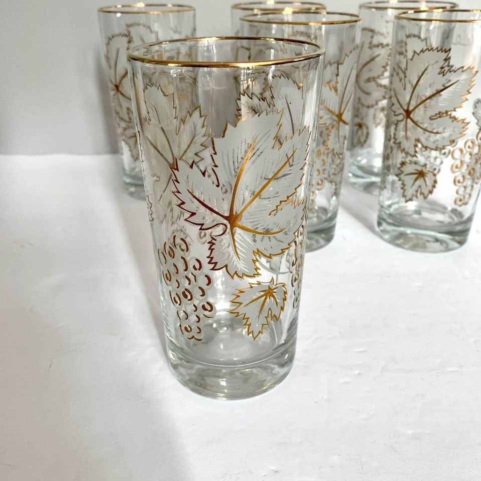 Vintage Mid-Century Gold Grape Leaf Tumblers Glasses