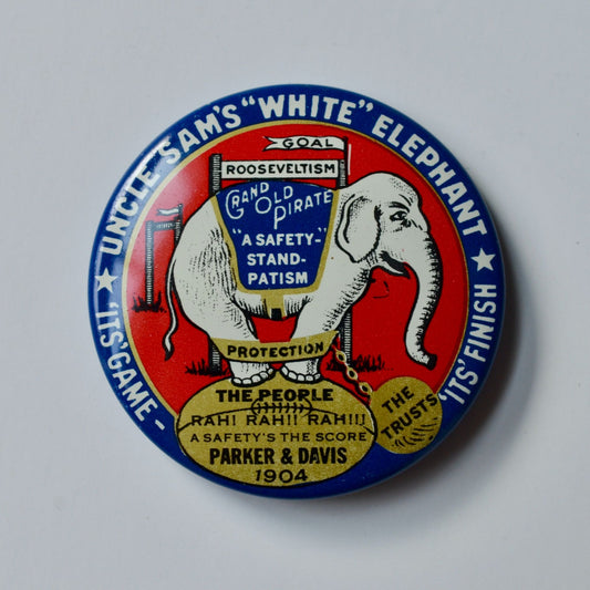 1968 Repo Parker Davis 1904 Uncle Sam's White Elephant Campaign Button Pin