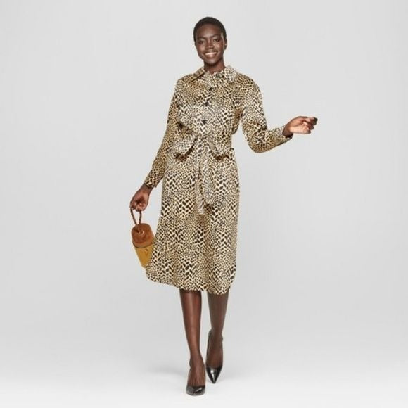 Who What Wear Leopard Print Self Tie Midi Shirtdress Medium New