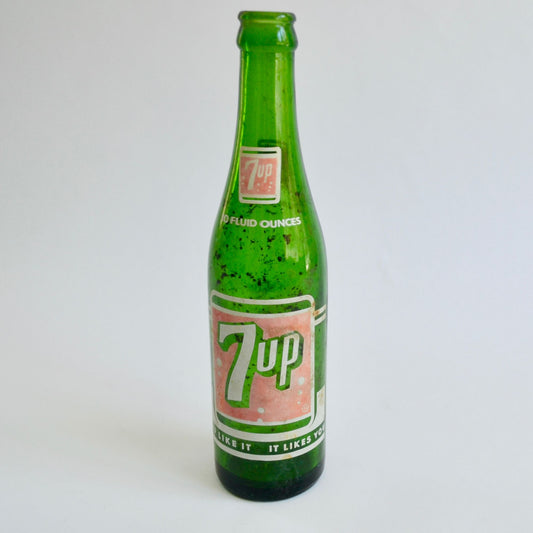 Vintage 7up Glass Bottle 10 Fluid Ounces Green 7 Up Soda Pop "Fresh Up"
