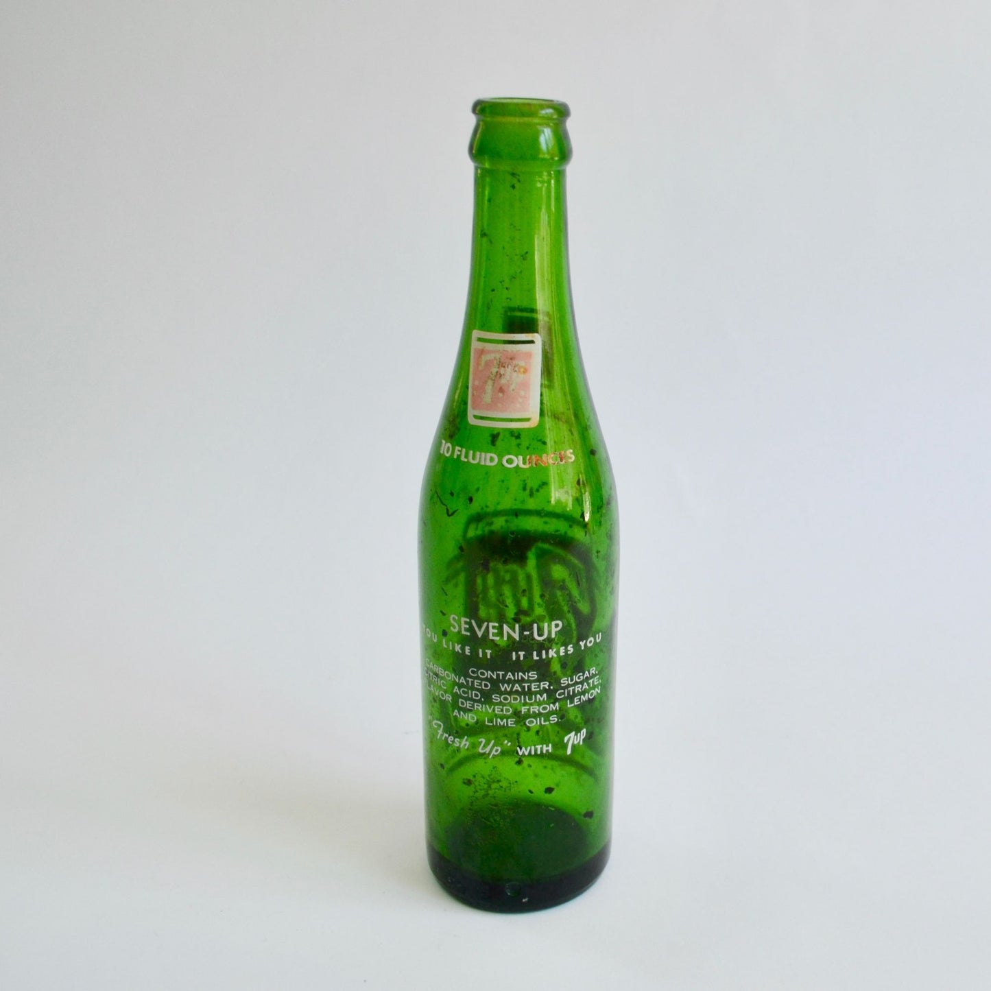 Vintage 7up Glass Bottle 10 Fluid Ounces Green 7 Up Soda Pop "Fresh Up"