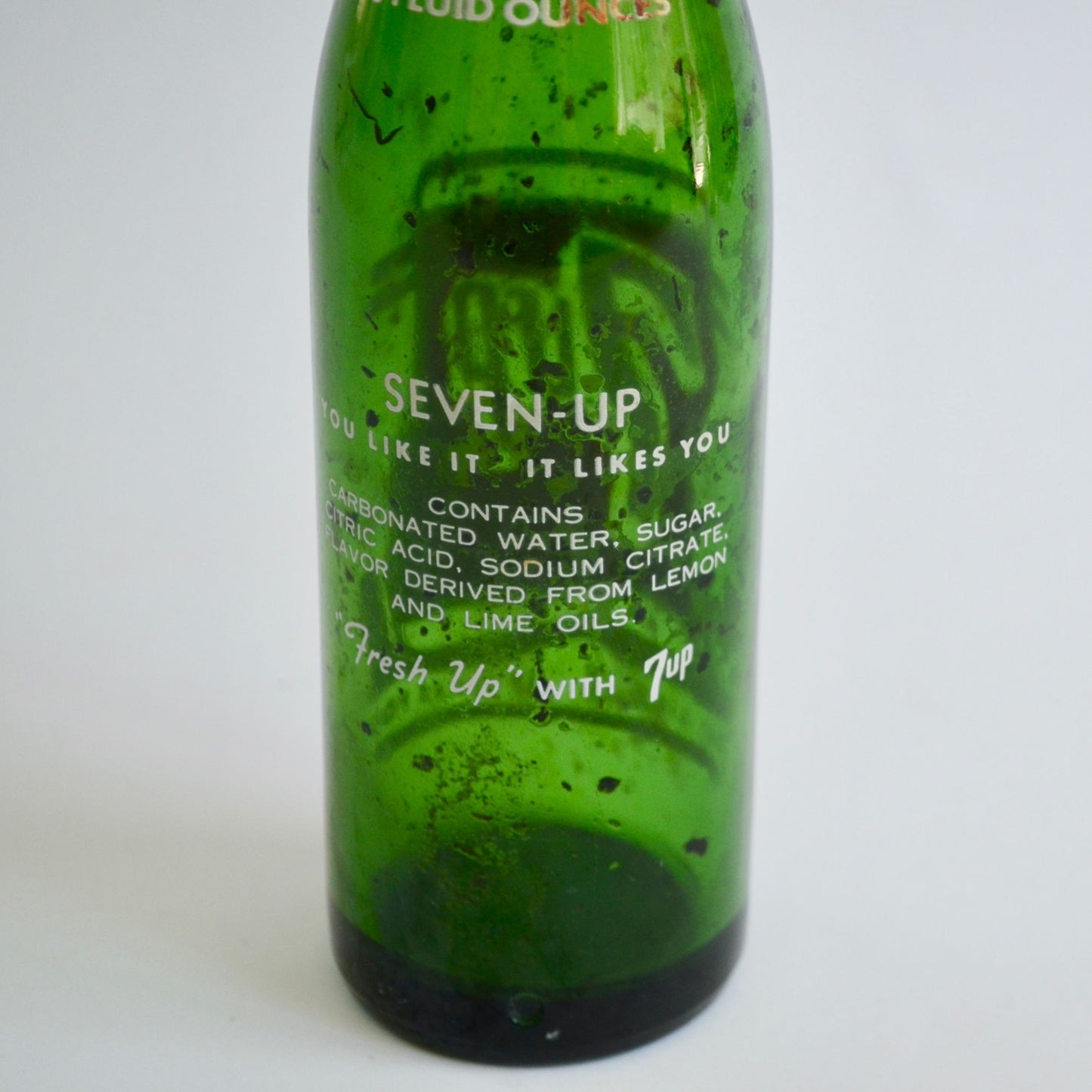 Vintage 7up Glass Bottle 10 Fluid Ounces Green 7 Up Soda Pop "Fresh Up"