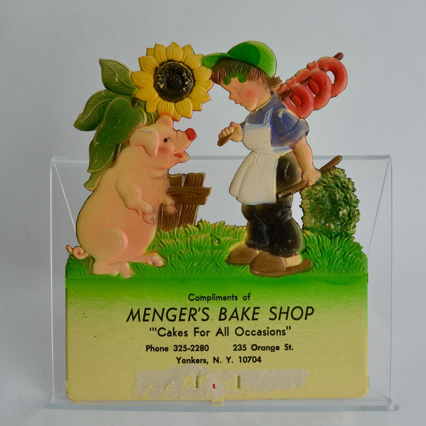 Vintage Germany Pressed Cardboard Calendar Topper Boy Pig Menger's Bake Shop New York