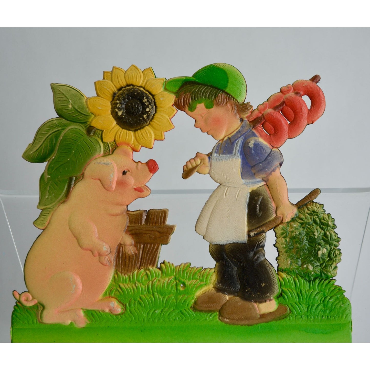 Vintage Germany Pressed Cardboard Calendar Topper Boy Pig Menger's Bake Shop New York