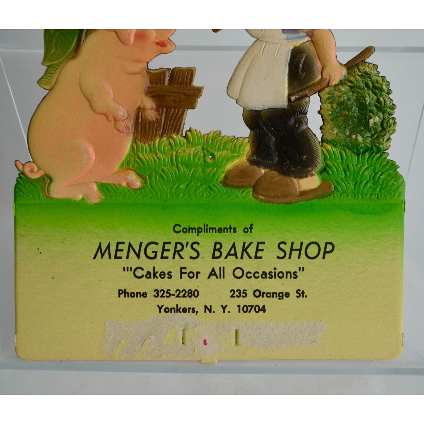 Vintage Germany Pressed Cardboard Calendar Topper Boy Pig Menger's Bake Shop New York