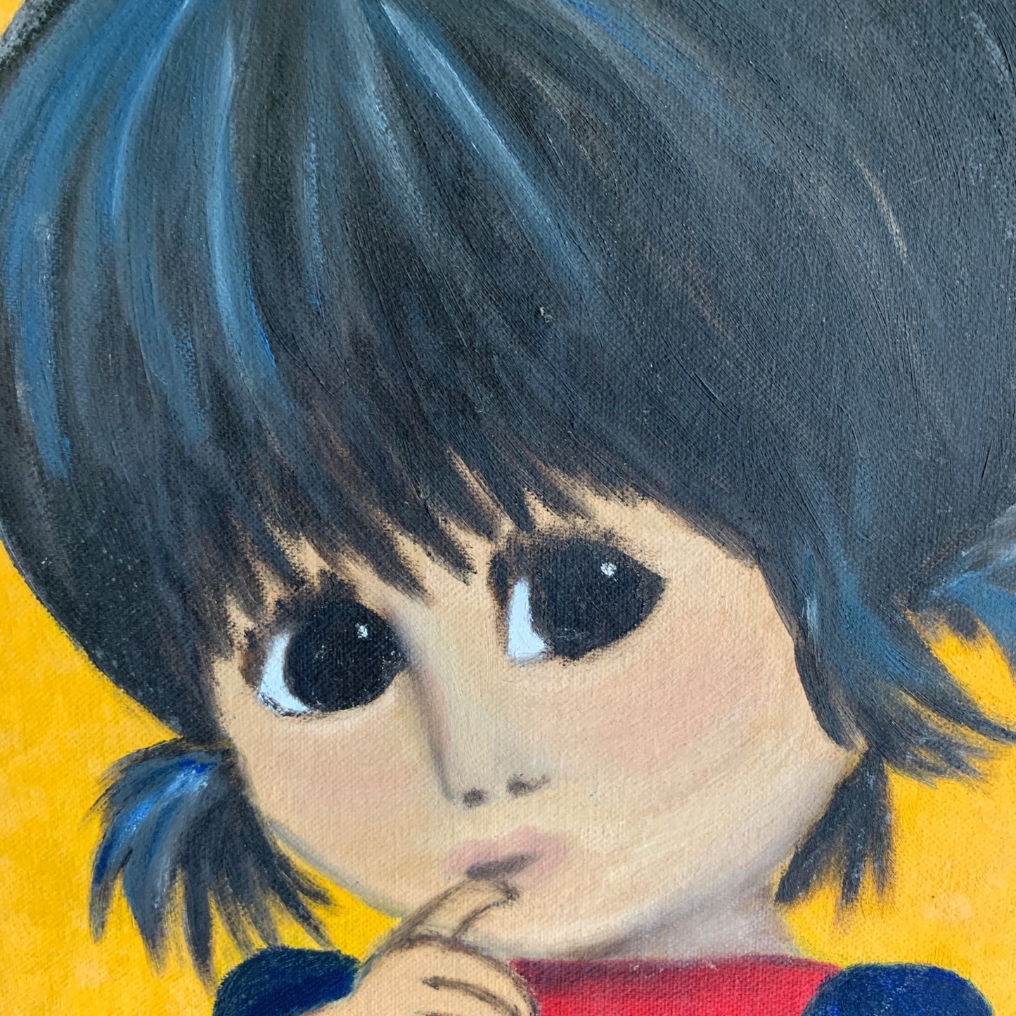 Vintage 1960s 1970s Large Big Eyed Eyes Girl Pigtails Painting Original Signed