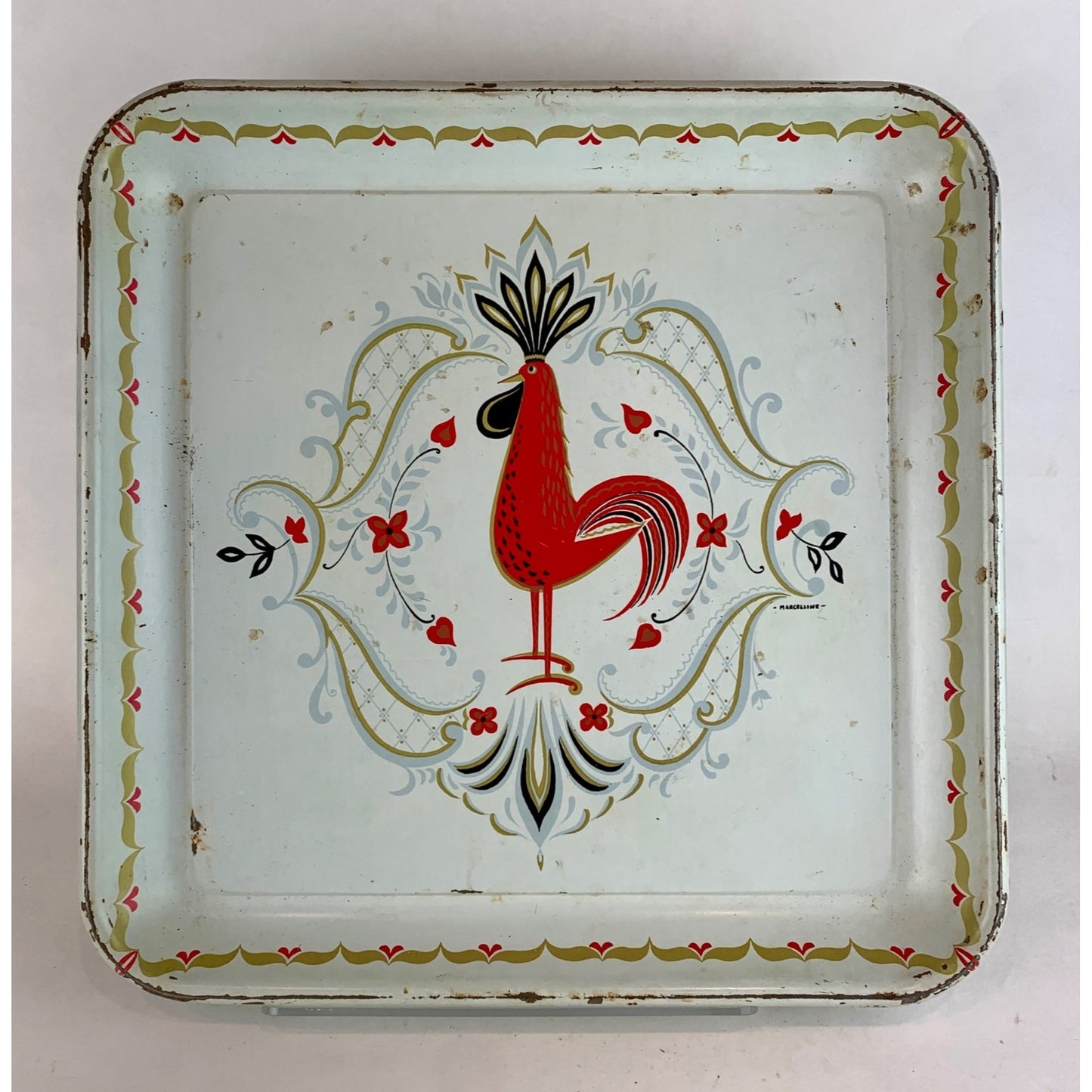 Vintage Marcelline Rooster Tray 13" Metal Serving Platter Mid-Century Retro