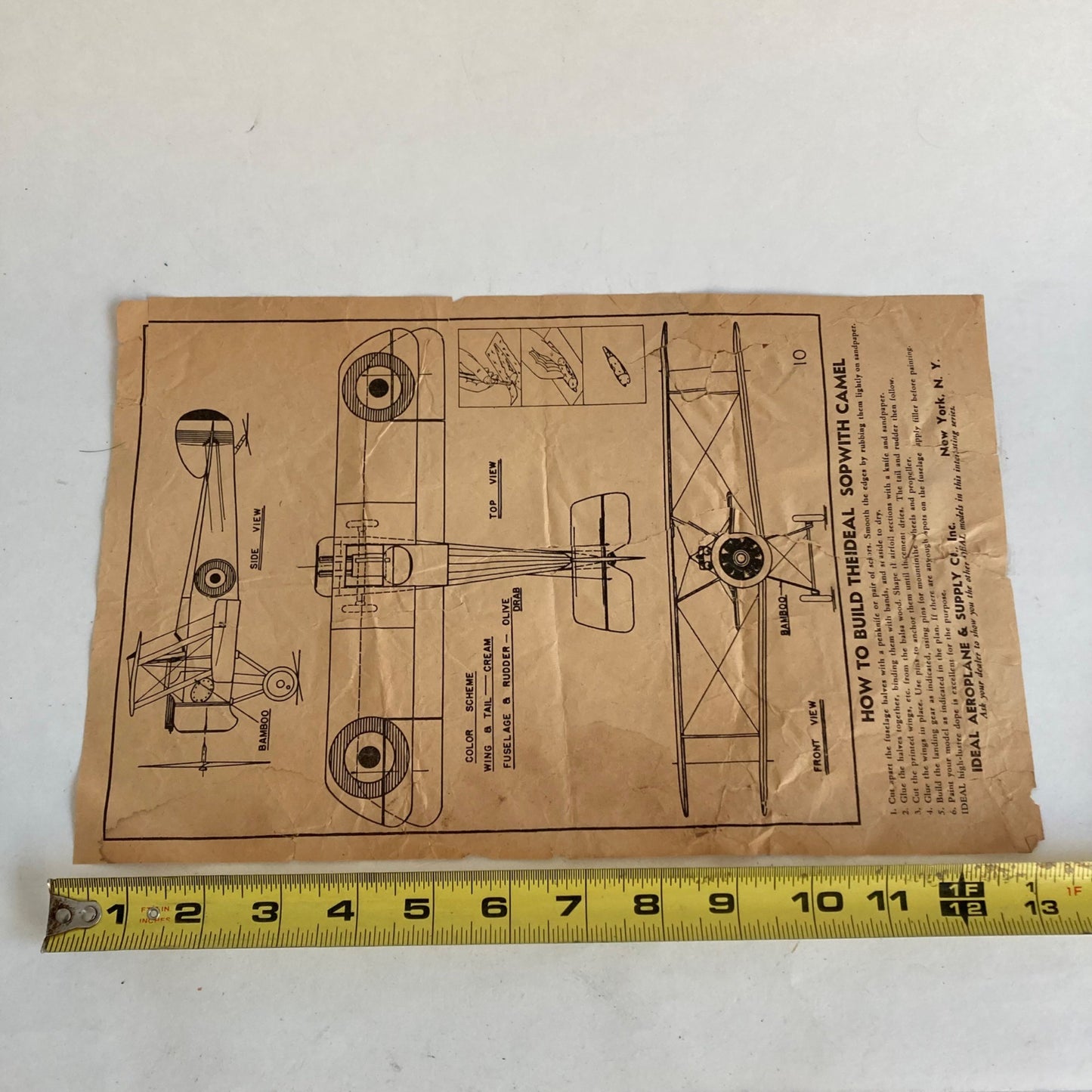 Vintage Ideal Aeroplane & Supply Co Sopwith Camel INSTRUCTIONS PLANS Antique