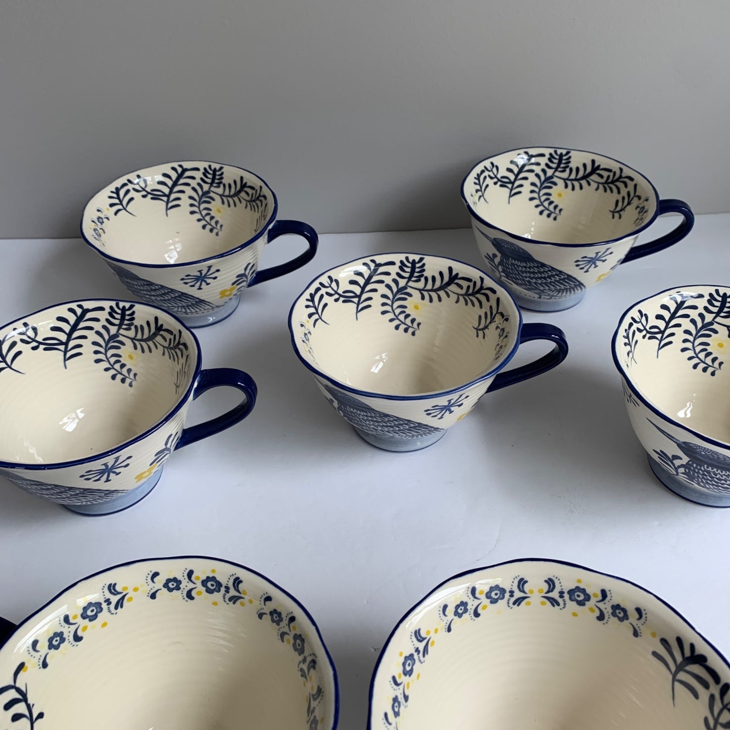 Anthropologie Saga Blue Bird Mugs Set of 7 RARE