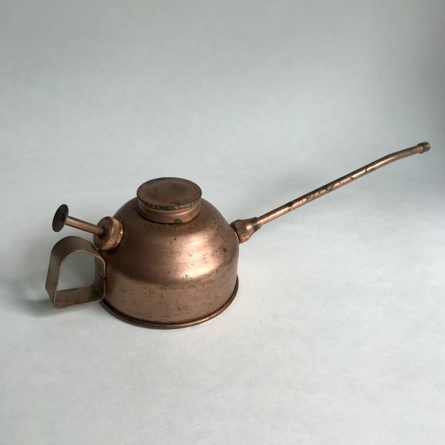 Vintage Samos Copper Oil Can Push Pump Oiler w/Long Spout