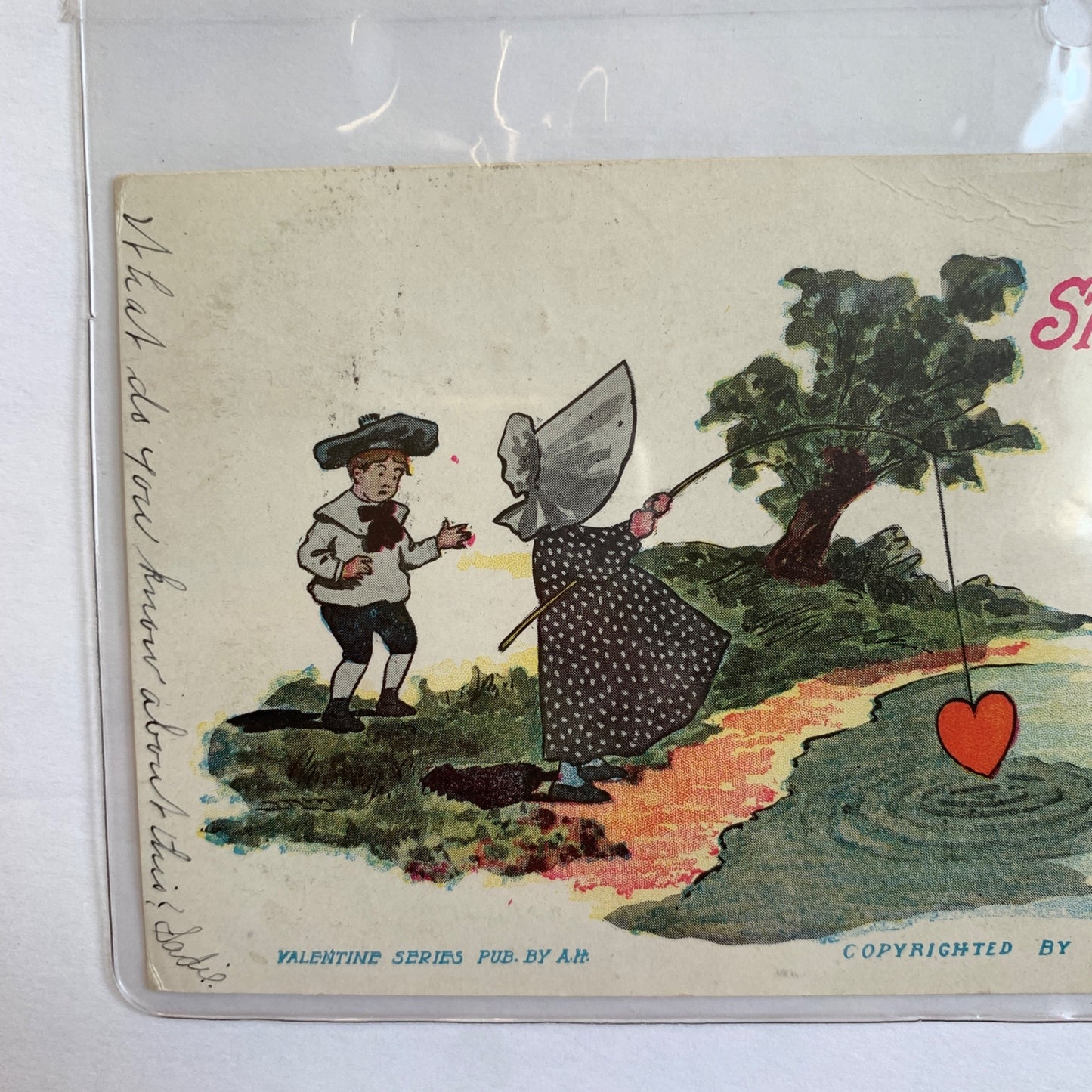 1910 Antique Valentine's Day Postcard St. Valentine's Catch Heart Fishing