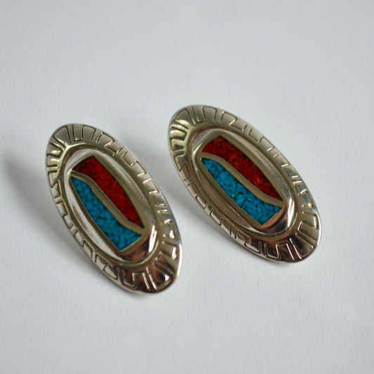 Vintage Signed Silver 89 Oval Earrings Red Turquoise Chip