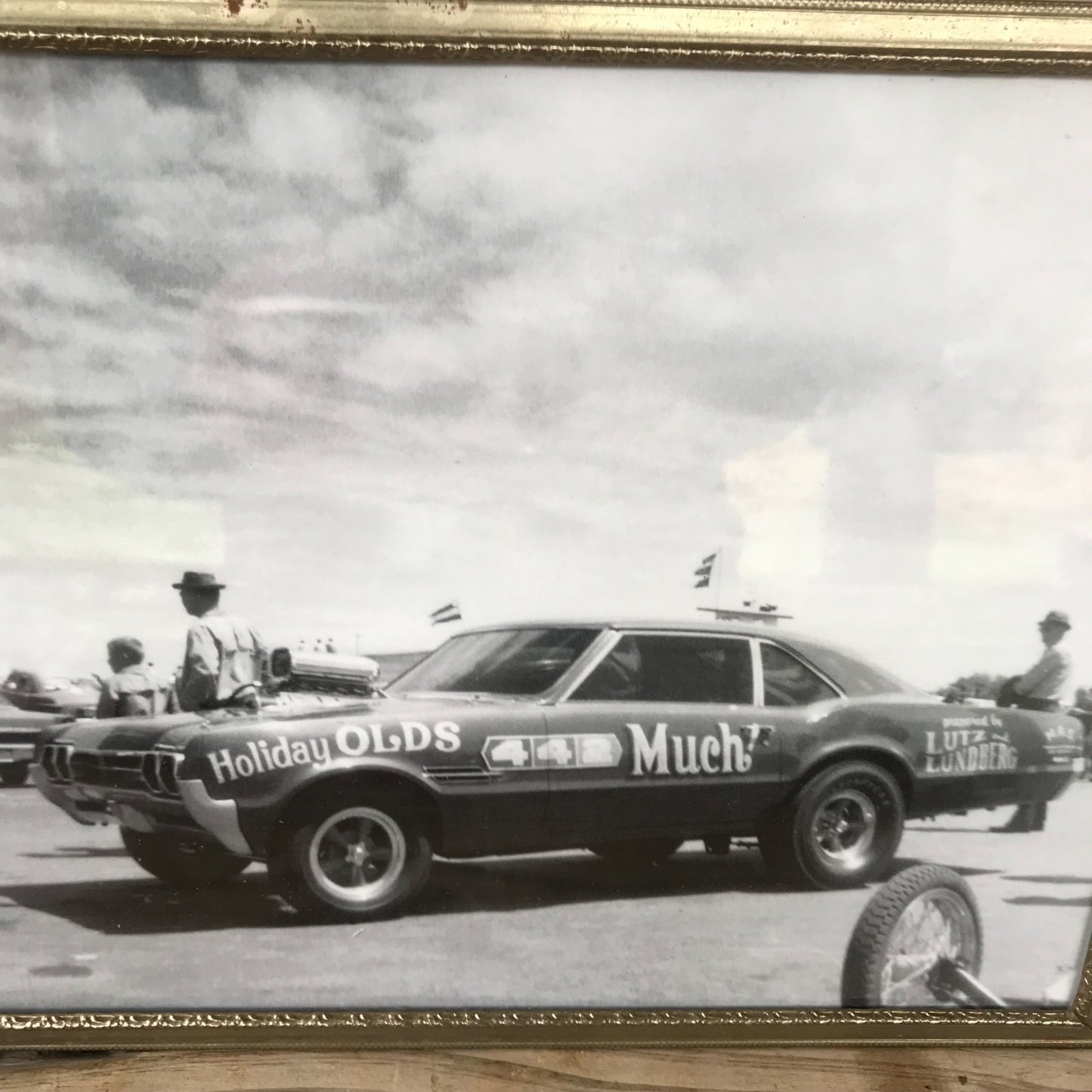 Vintage Oldsmobile 442 Muscle Car Black & White Photo Framed Dragster Race Track