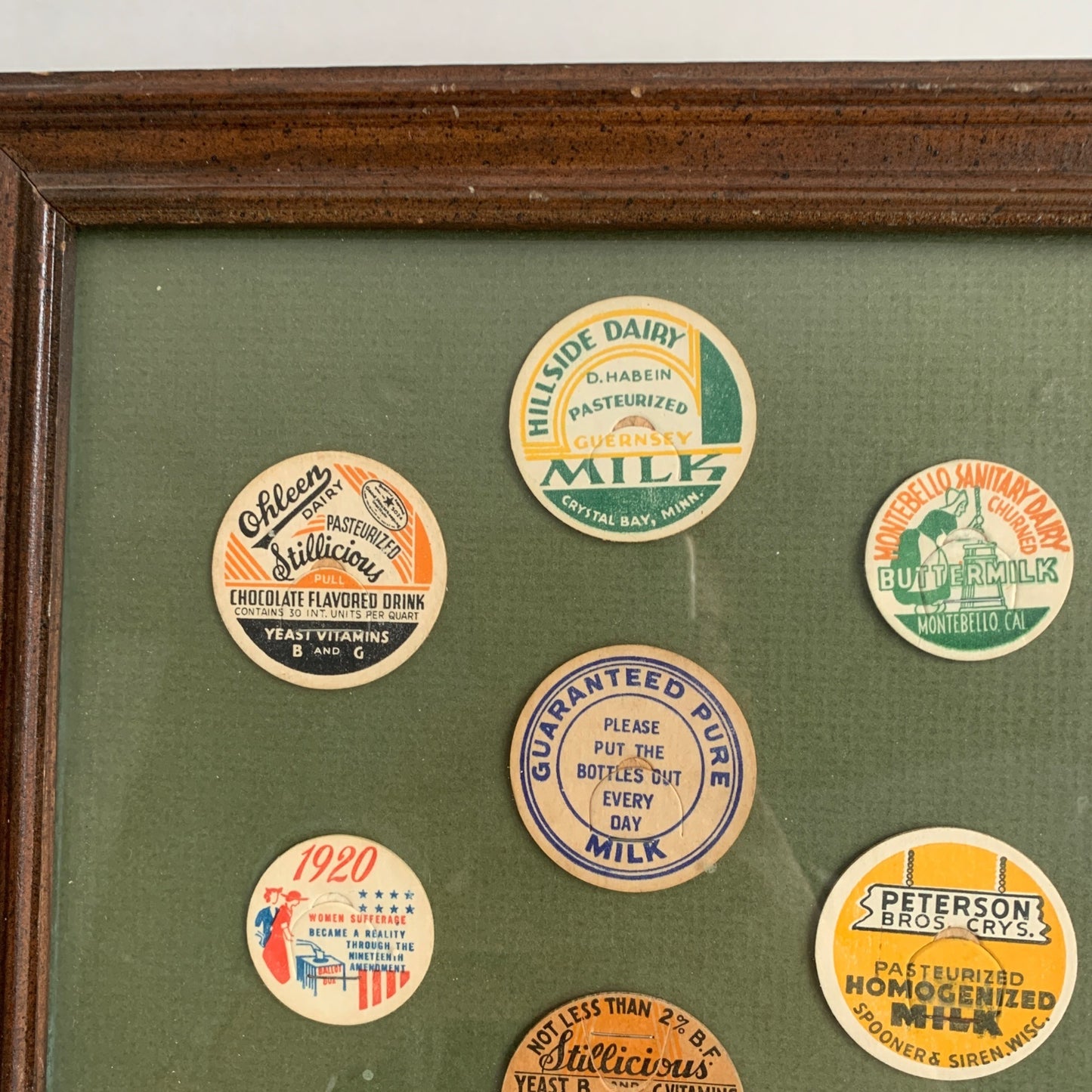 Vintage Framed Milk & Cream Bottle Caps Sage Green Background