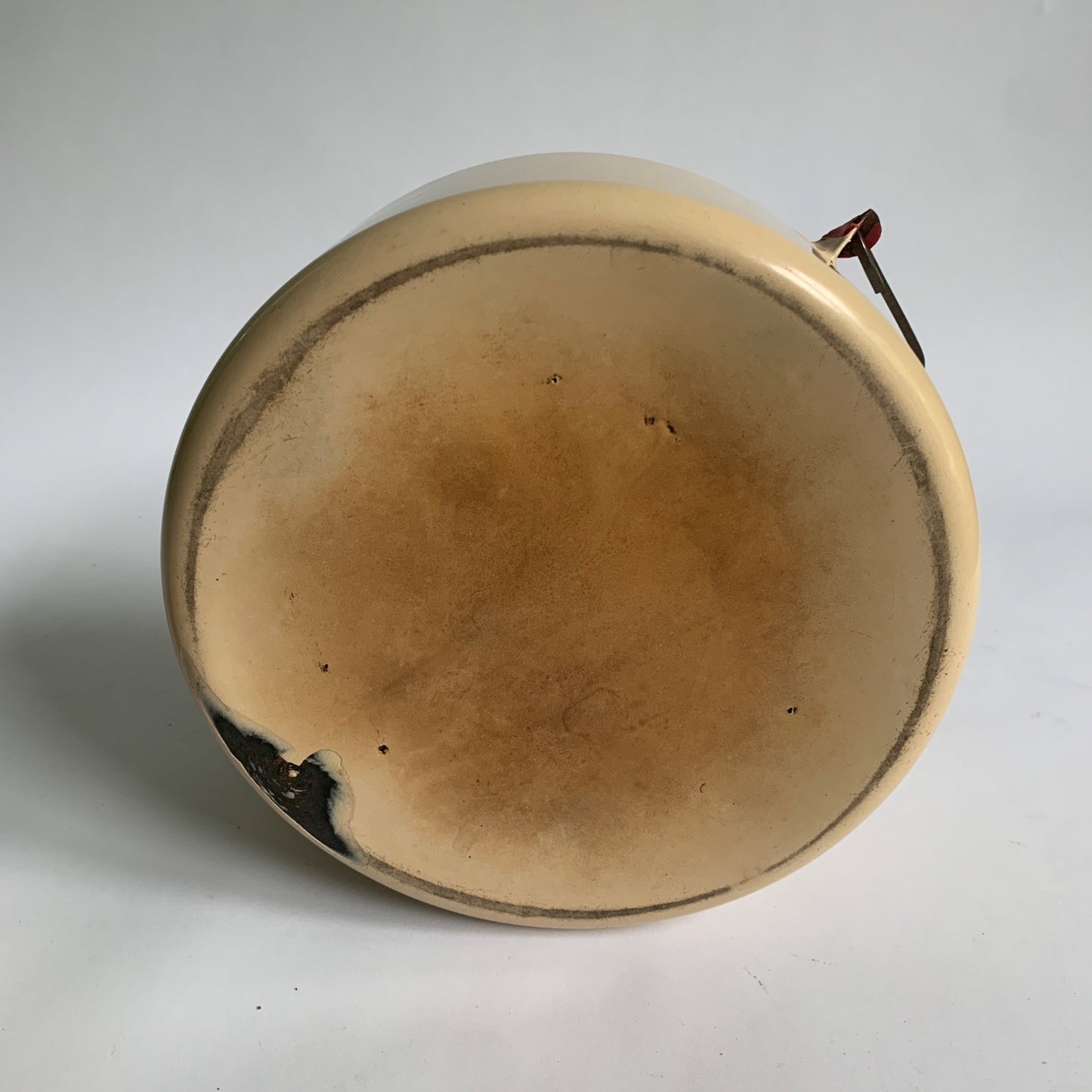 Vintage Enameled Tea Kettle Beige Red Wooden Handle Enamelware