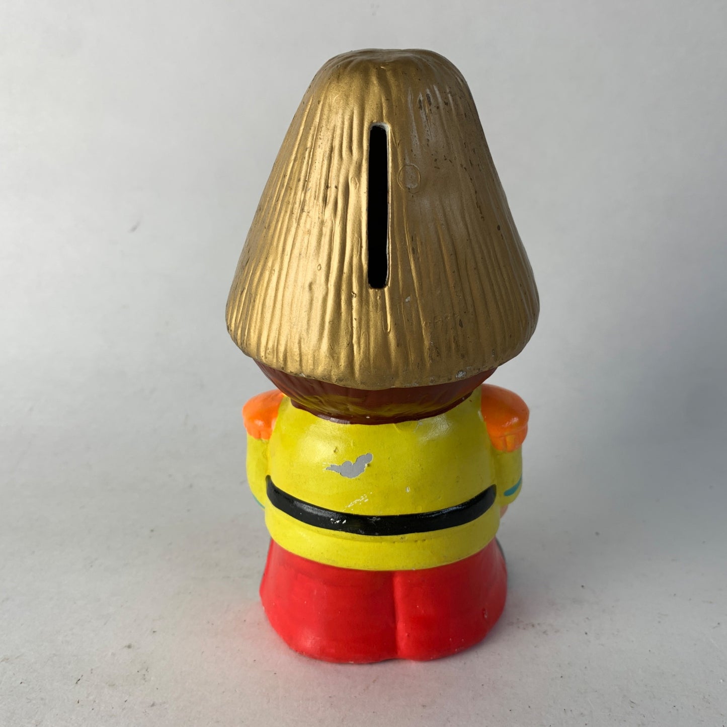Vintage Toy Soldier Boy Money Bank Painted Yellow Jacket Red Pants