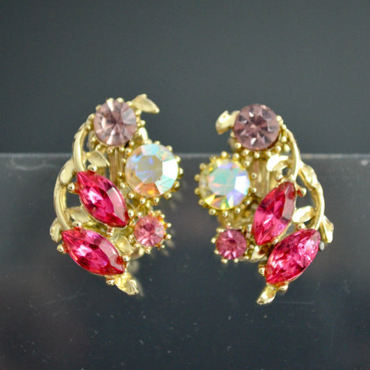 Vintage Pink Clear CZ Stone Gold Toned Clip On Earrings