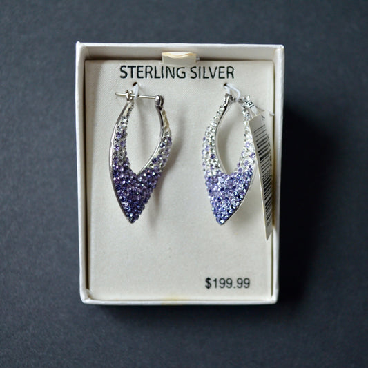 Sterling Silver Polished Diamond Shape Hoop Purple Ombre Crystal Earrings New