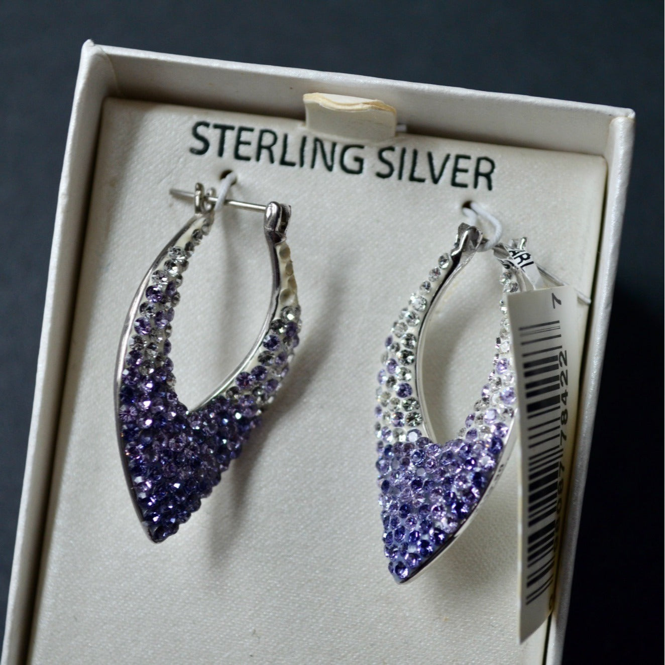 Sterling Silver Polished Diamond Shape Hoop Purple Ombre Crystal Earrings New