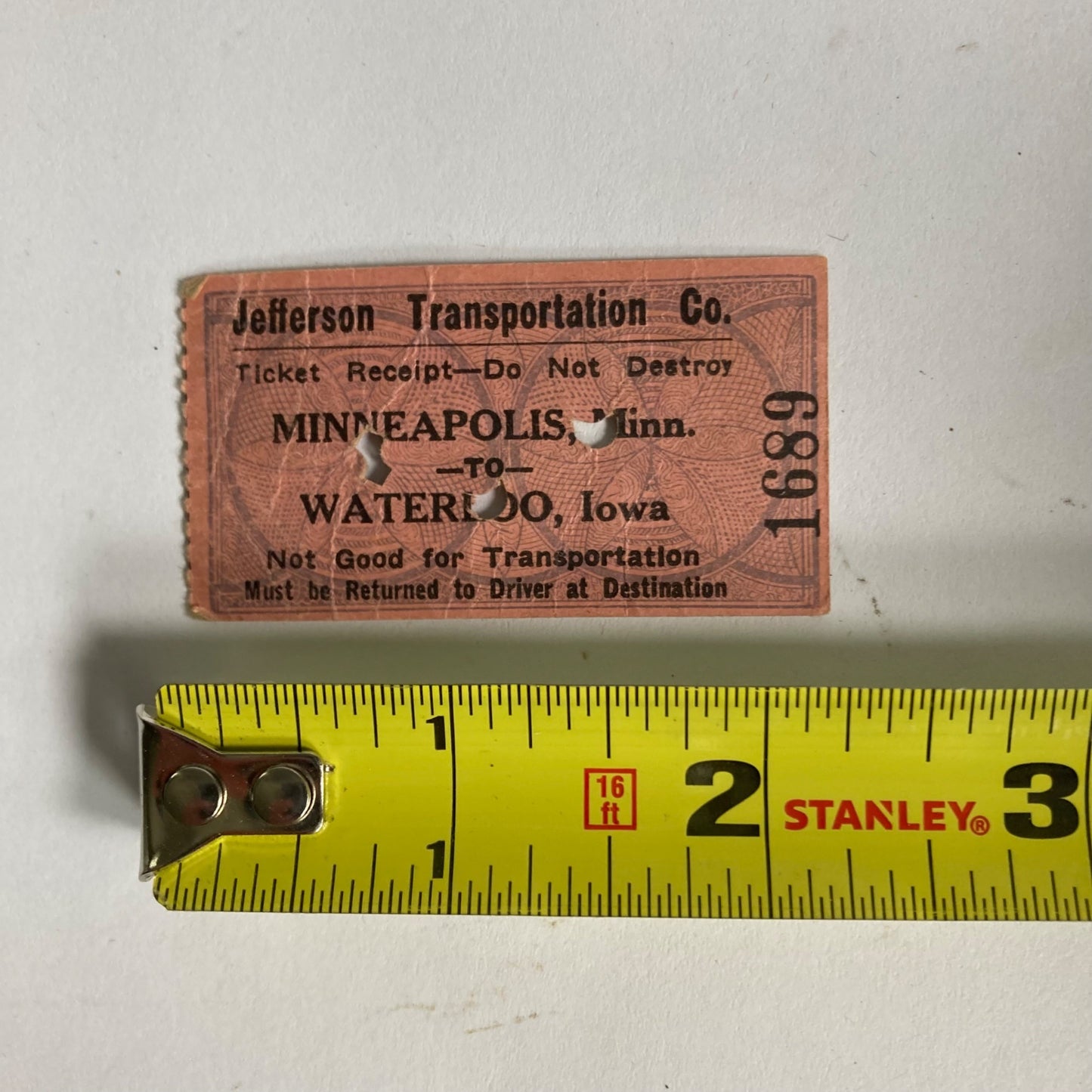 Vintage Jefferson Transportation Co. Ticket Bus? Train? Minneapolis to Waterloo