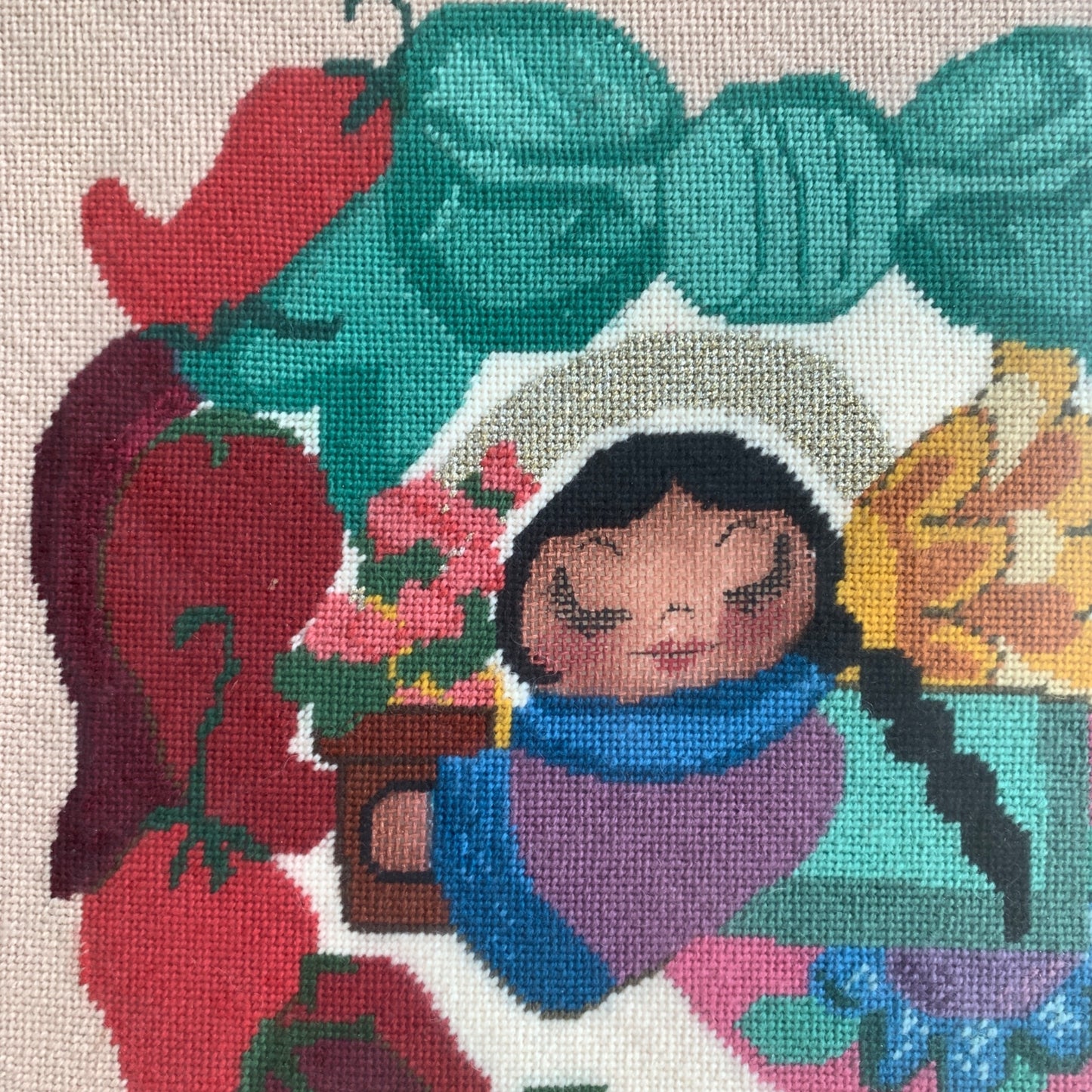 Vintage Ann Speiss Mills Needlepoint Framed Girl Peppers Wreath