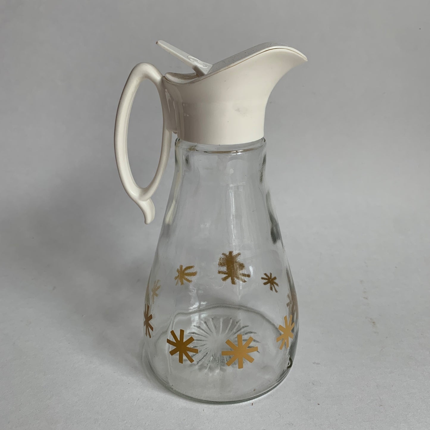 Vintage Log Cabin Syrup Pitcher MCM Gold Atomic Starburst Design Glass Dispenser