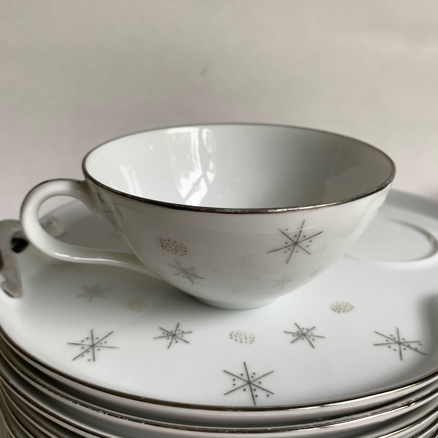 Vintage MCM Atomic Fine Snowflake Japan Stacking Plates and Mugs