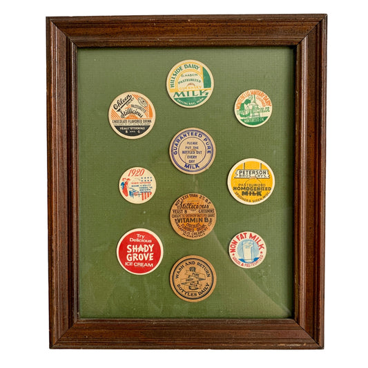 Vintage Framed Milk & Cream Bottle Caps Sage Green Background