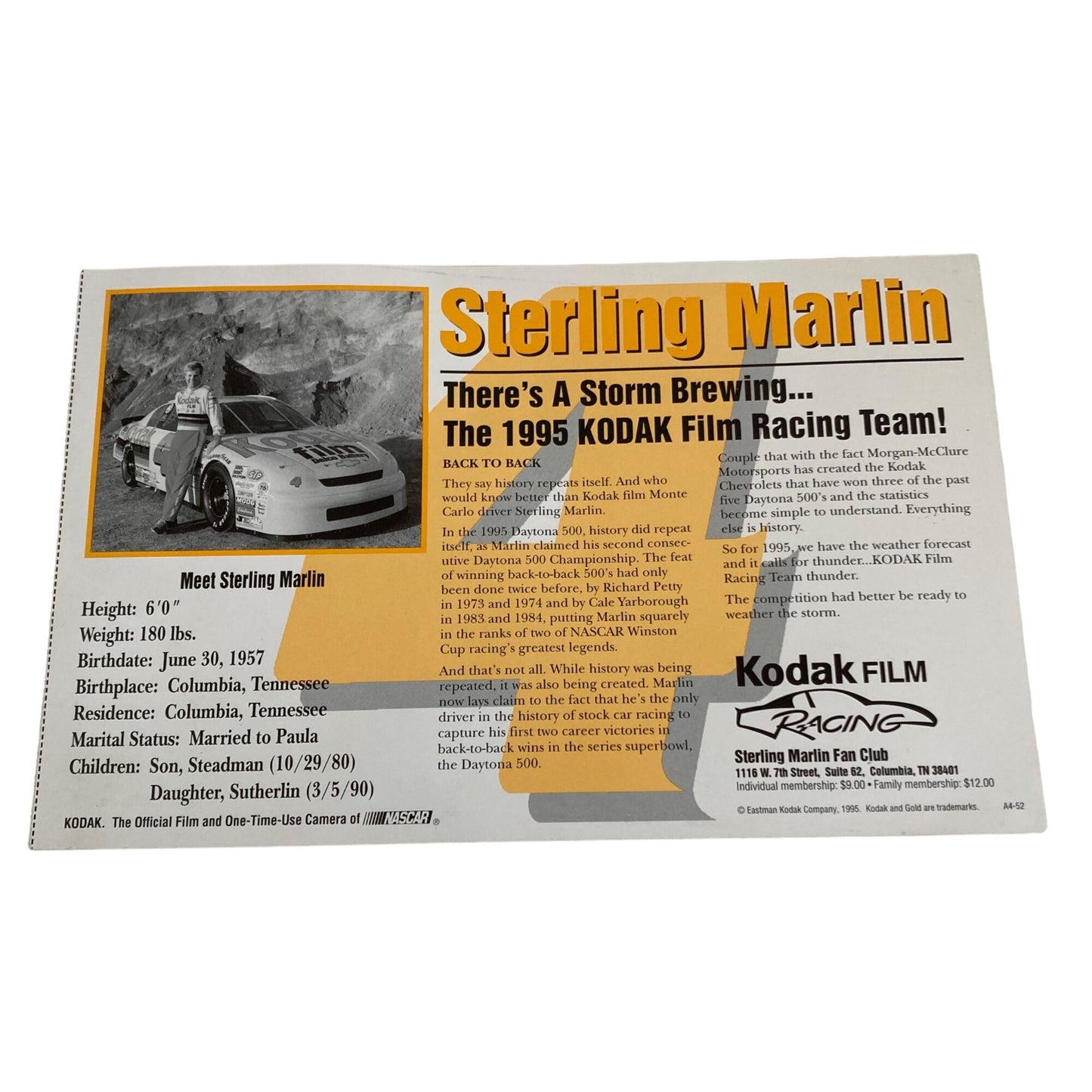 Vintage Sterling Marlin Autographed Photo Post Card Kodak Racing NASCAR Signed