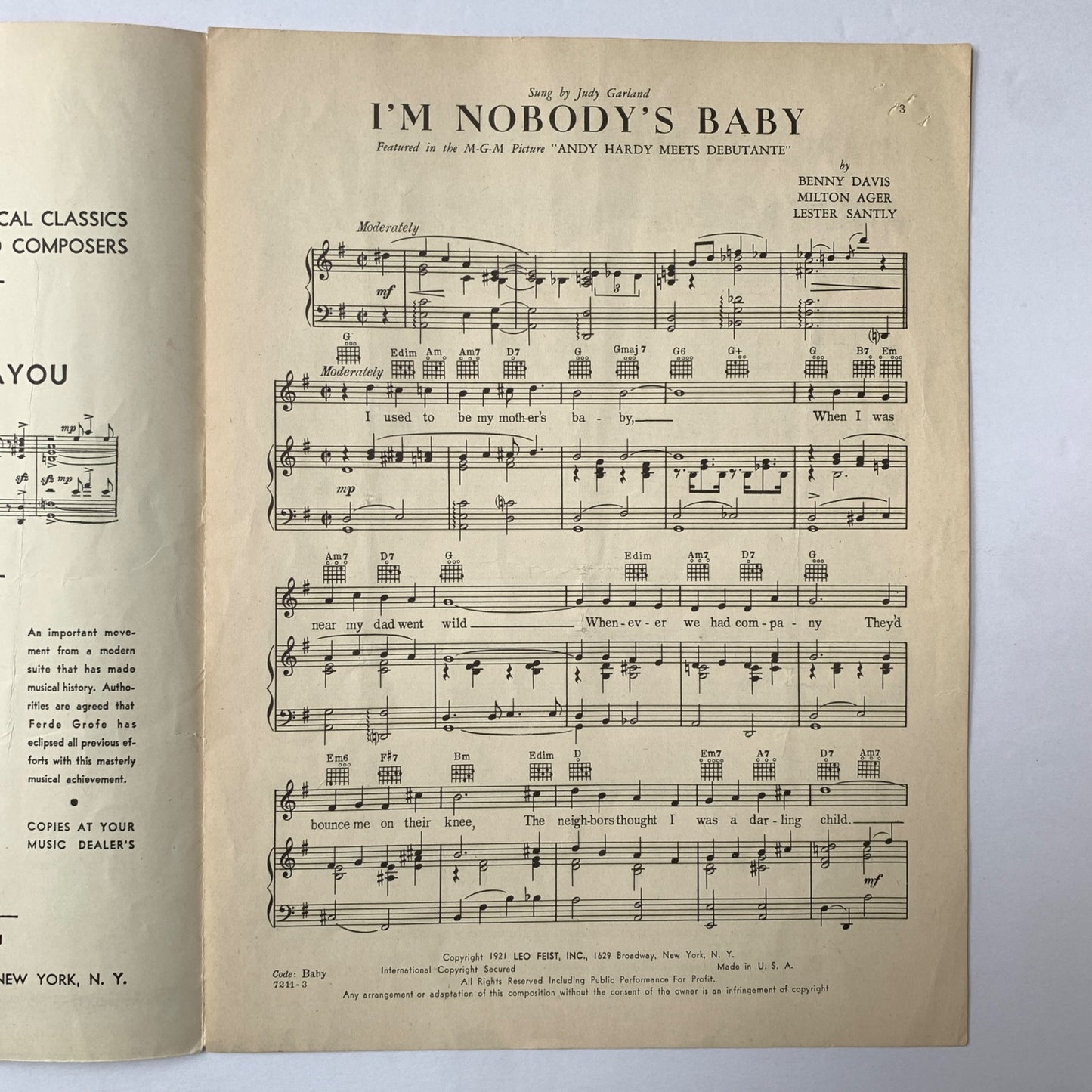 Judy Garland I'm Nobody's Baby Sheet Music Vintage