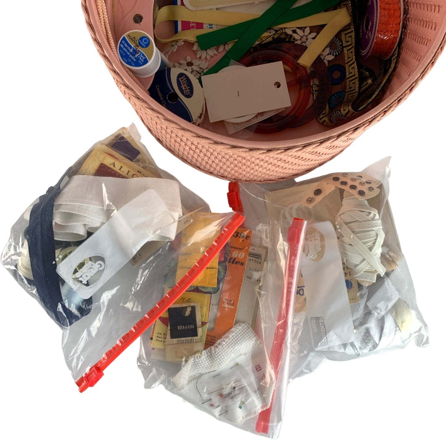 Vintage Pink Round Sewing Basket With Contents Sewing Notions