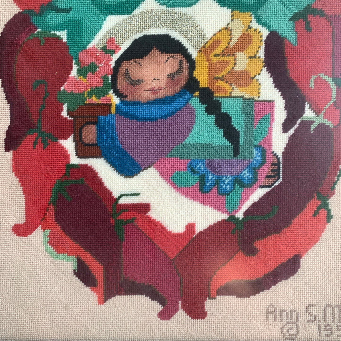 Vintage Ann Speiss Mills Needlepoint Framed Girl Peppers Wreath