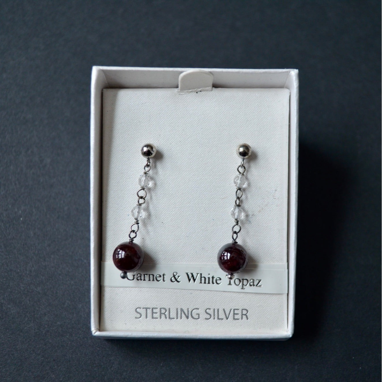 Sterling Silver Garnet & White Topaz Drop Earrings New