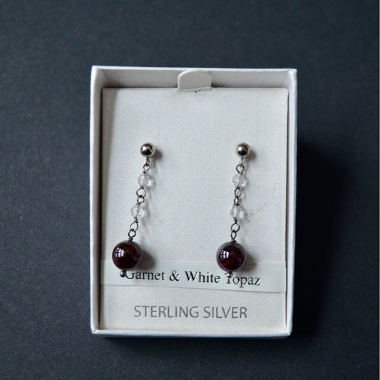 Sterling Silver Garnet & White Topaz Drop Earrings New