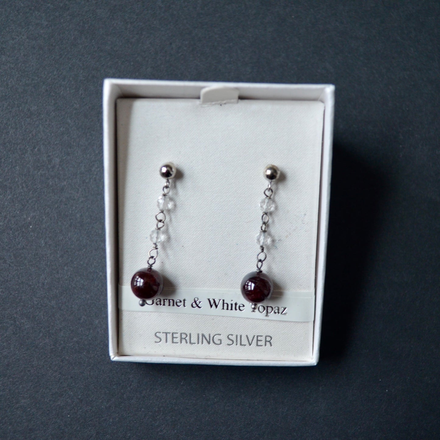 Sterling Silver Garnet & White Topaz Drop Earrings New