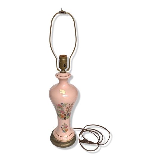 Vintage Light Pink Glass & Metal Floral Table Lamp